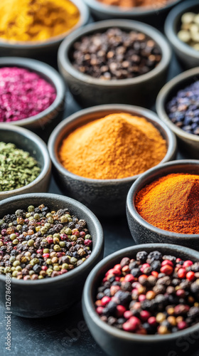 Assorted colorful spices in bowls displayed from top view for culinary inspiration photo