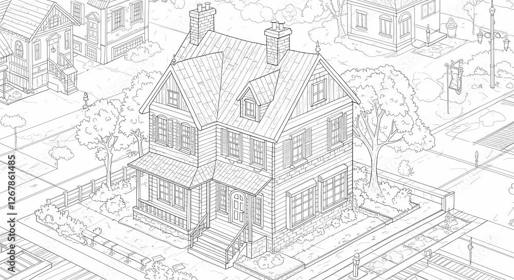 Obraz premium Detailed House & Home Building Design Coloring Book: Outline Sketch Doodle Illustrations with Page Drawing Elements