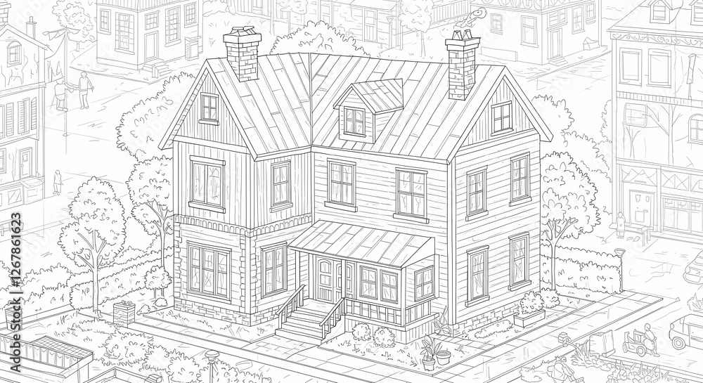 Obraz premium Detailed House & Home Building Design Coloring Book: Outline Sketch Doodle Illustrations with Page Drawing Elements