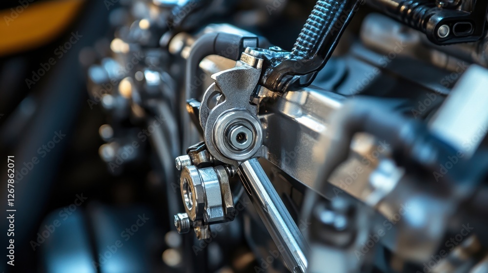 Fototapeta premium Close-up of an intricate motorcycle engine component, showcasing its metallic texture and precision engineering, emphasizing strength and performance.