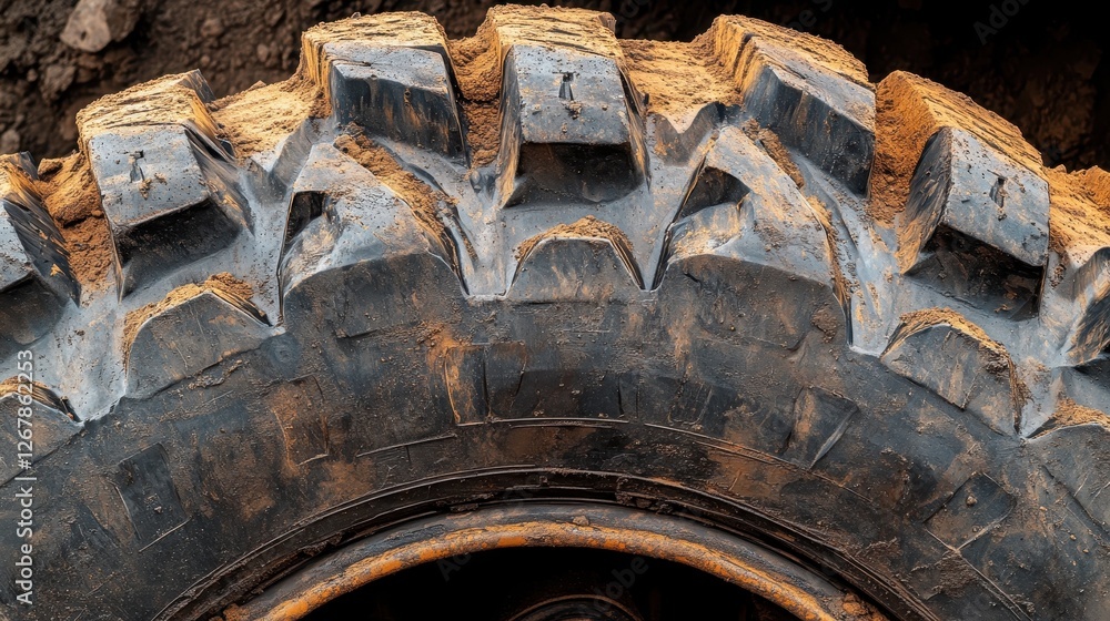 Fototapeta premium Close-up of a rugged all-terrain tire covered in dirt, showcasing its durable tread designed for off-road capabilities.