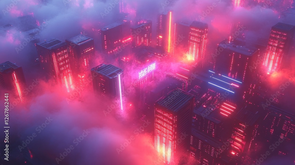 Obraz premium Neon cityscape aerial view, fog, futuristic city, vibrant lights