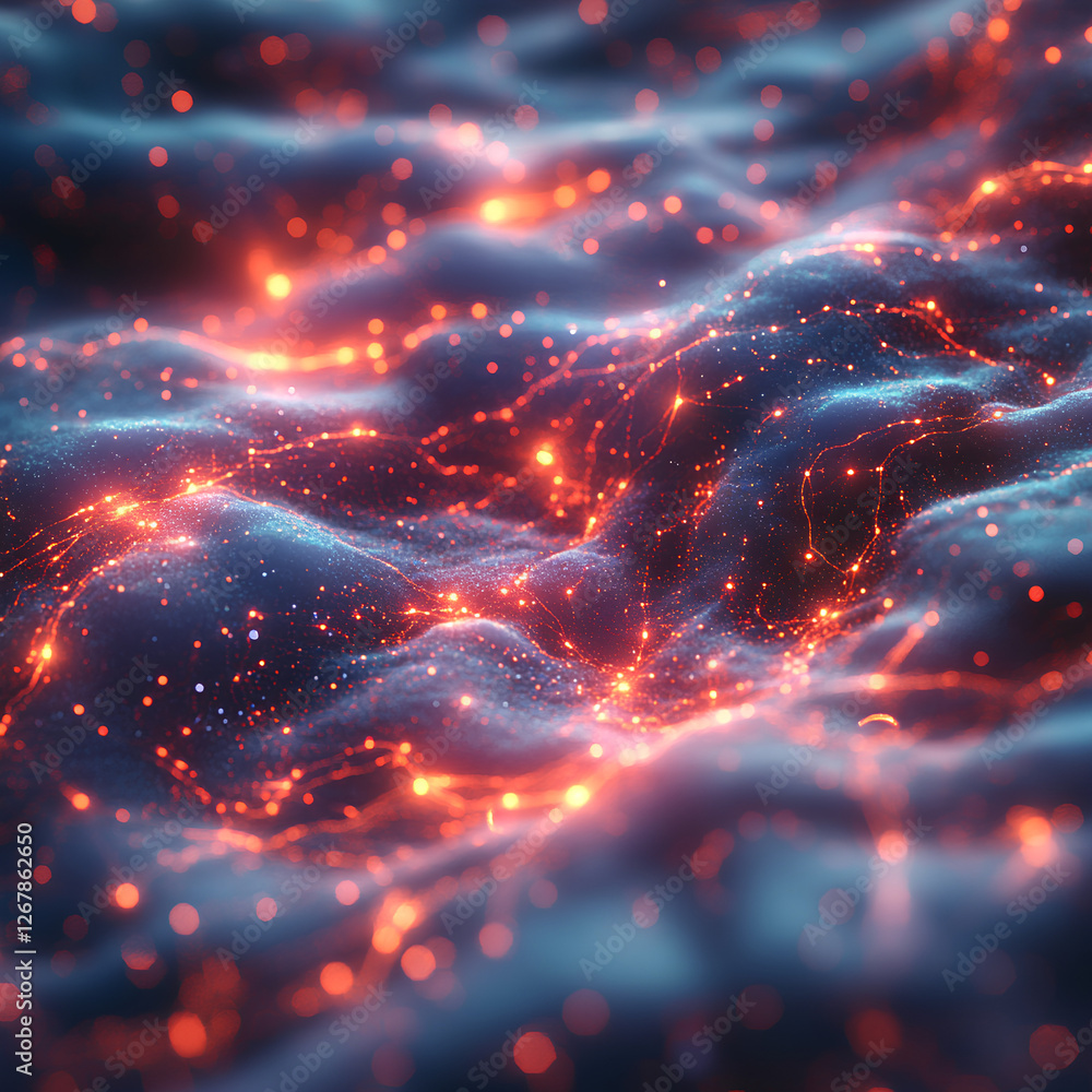 Neural processing of artificial intelligence, represented as a complex network of glowing quantum energy strings and deep learning algorithms. has a cosmic, almost surreal tone Neural processing of artificial intelligence, represented as a complex network of glowing quantum energy strings and deep learning algorithms. has a cosmic, almost surreal tone