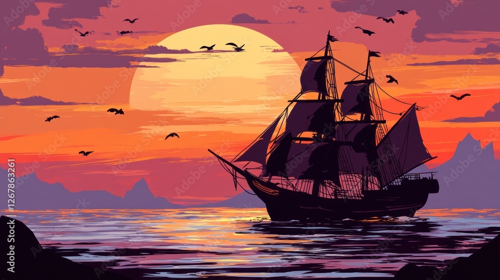 Fototapeta premium Sunset Sail. Silhouette Ship on Sea