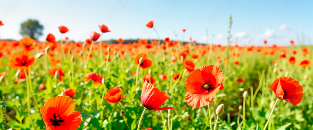 Fototapeta premium Vibrant red poppy petals swirling in meadow, nature's beauty