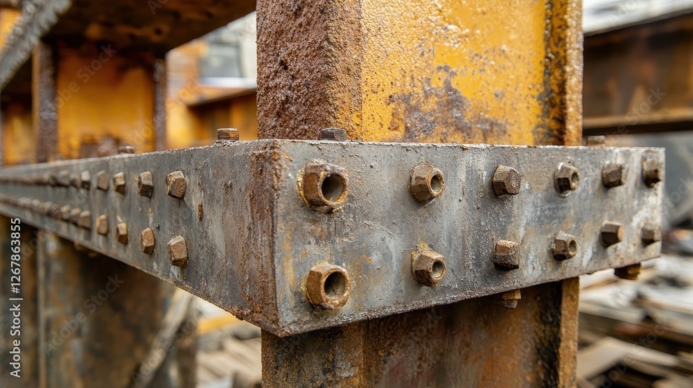 Close-up of weathered steel beams with rusted bolts, showcasing the industrial aesthetics of construction materials. Close-up of weathered steel beams with rusted bolts, showcasing the industrial aesthetics of construction materials.