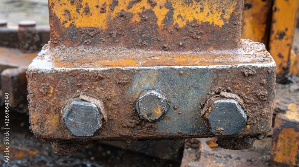Close-up of rusted metal bolts on heavy machinery showcasing texture and wear. Close-up of rusted metal bolts on heavy machinery showcasing texture and wear.