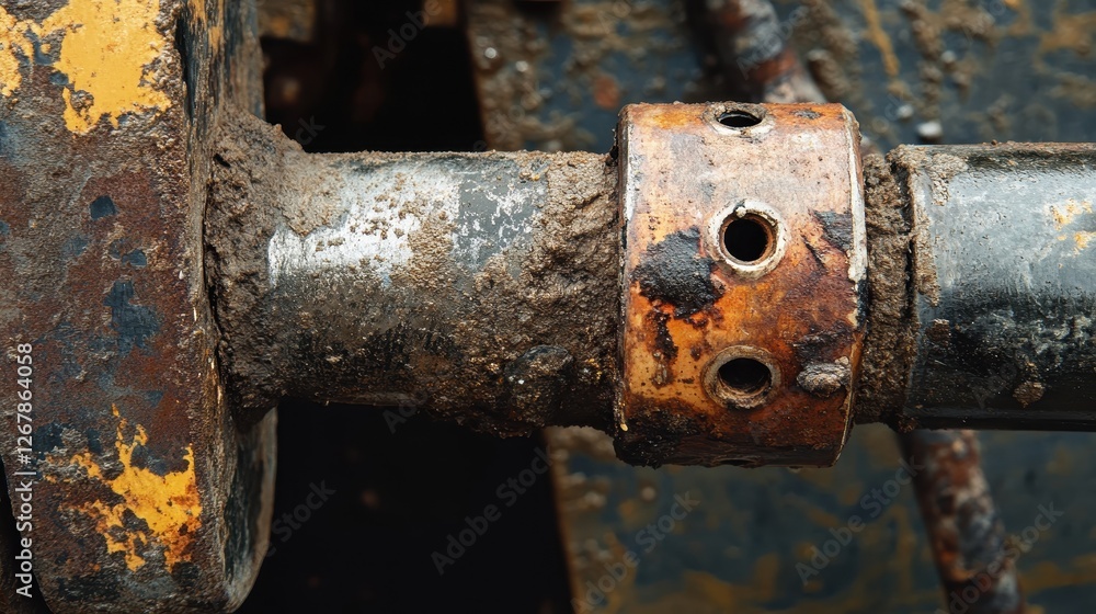 Close-up of a weathered metal pipe connection covered in grime, highlighting industrial wear and tear. Close-up of a weathered metal pipe connection covered in grime, highlighting industrial wear and tear.