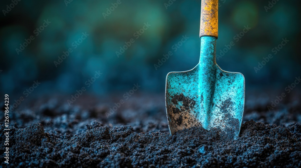 Close-up of a rusty trowel in dark soil. Close-up of a rusty trowel in dark soil.