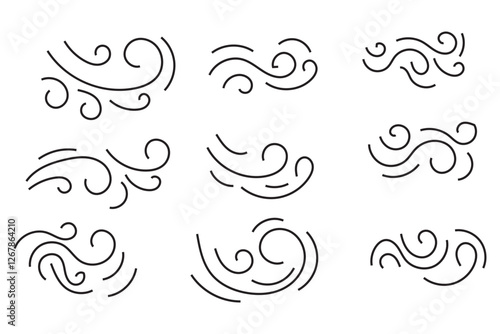 Doodle wind sketch set of line winds. Air, wind, swirl in doodle illustration style. Vector illustration. Black and White color doodle wind line. EPS 10