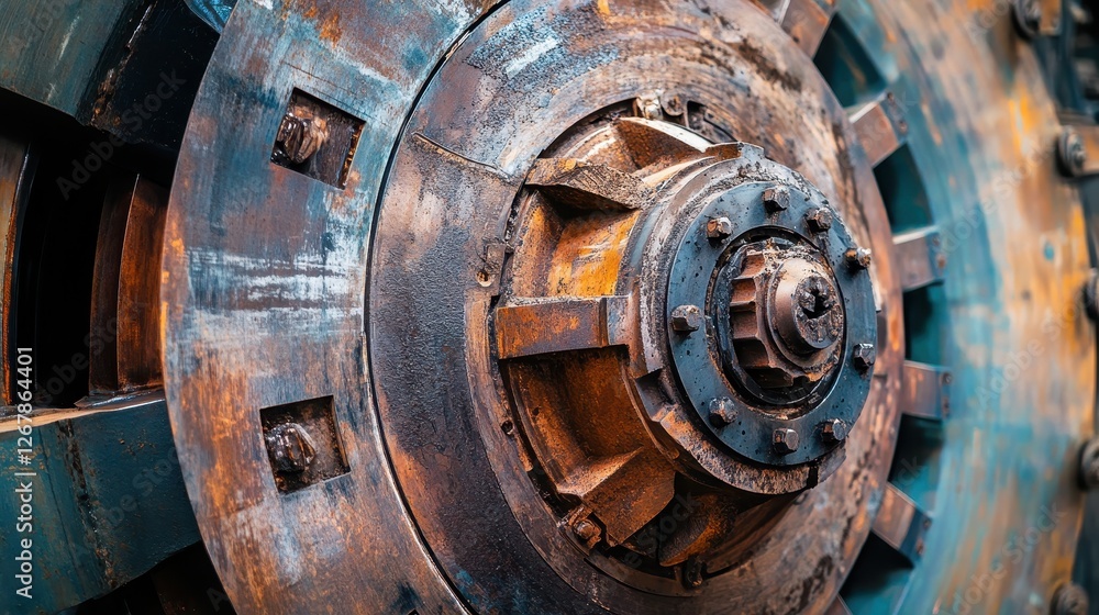 Close-up of an industrial machine component, showcasing its intricate, weathered details and vibrant rusting colors. Close-up of an industrial machine component, showcasing its intricate, weathered details and vibrant rusting colors.