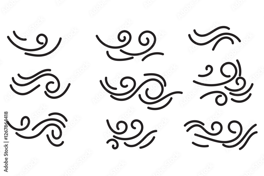 Fototapeta premium Doodle wind sketch set of line winds. Air, wind, swirl in doodle illustration style. Vector illustration. Black and White color doodle wind line. EPS 10