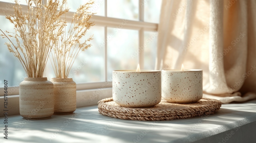 Cozy candles burn bright on windowsill Cozy candles burn bright on windowsill