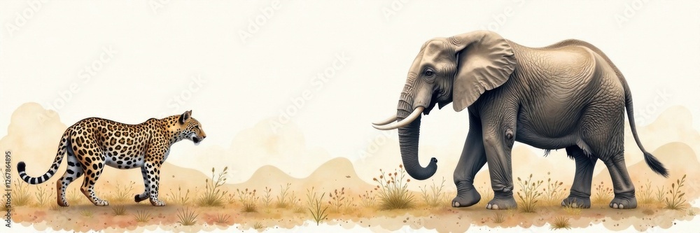 Fototapeta premium Delicate safari animal watercolor art featuring a leopard and elephant, safari animals, leopard, elephant
