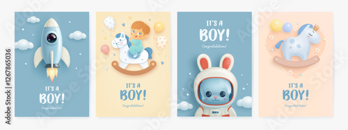 Set of baby shower greeting card or invitation with cartoon 3d baby boy, rocket, rabbit astronaut, rocking horse on blue and beige background. It's a boy. Vector illustration