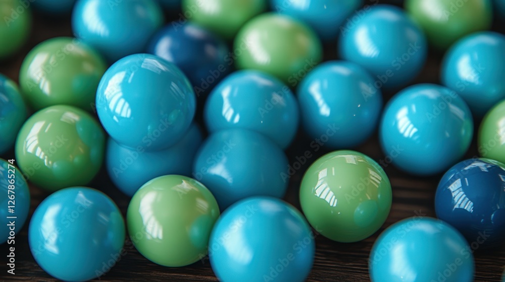 Blue green spheres scattered on dark wood; background blur Blue green spheres scattered on dark wood; background blur