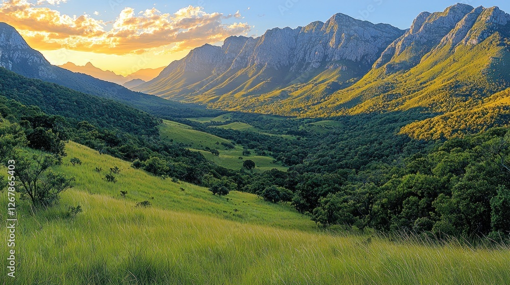 Obraz premium Majestic Mountain Valley Sunset Landscape Scene