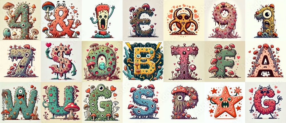 Naklejka premium Cartoon Fungus Monster Lettering Typeface. Love concept. AI generated illustration