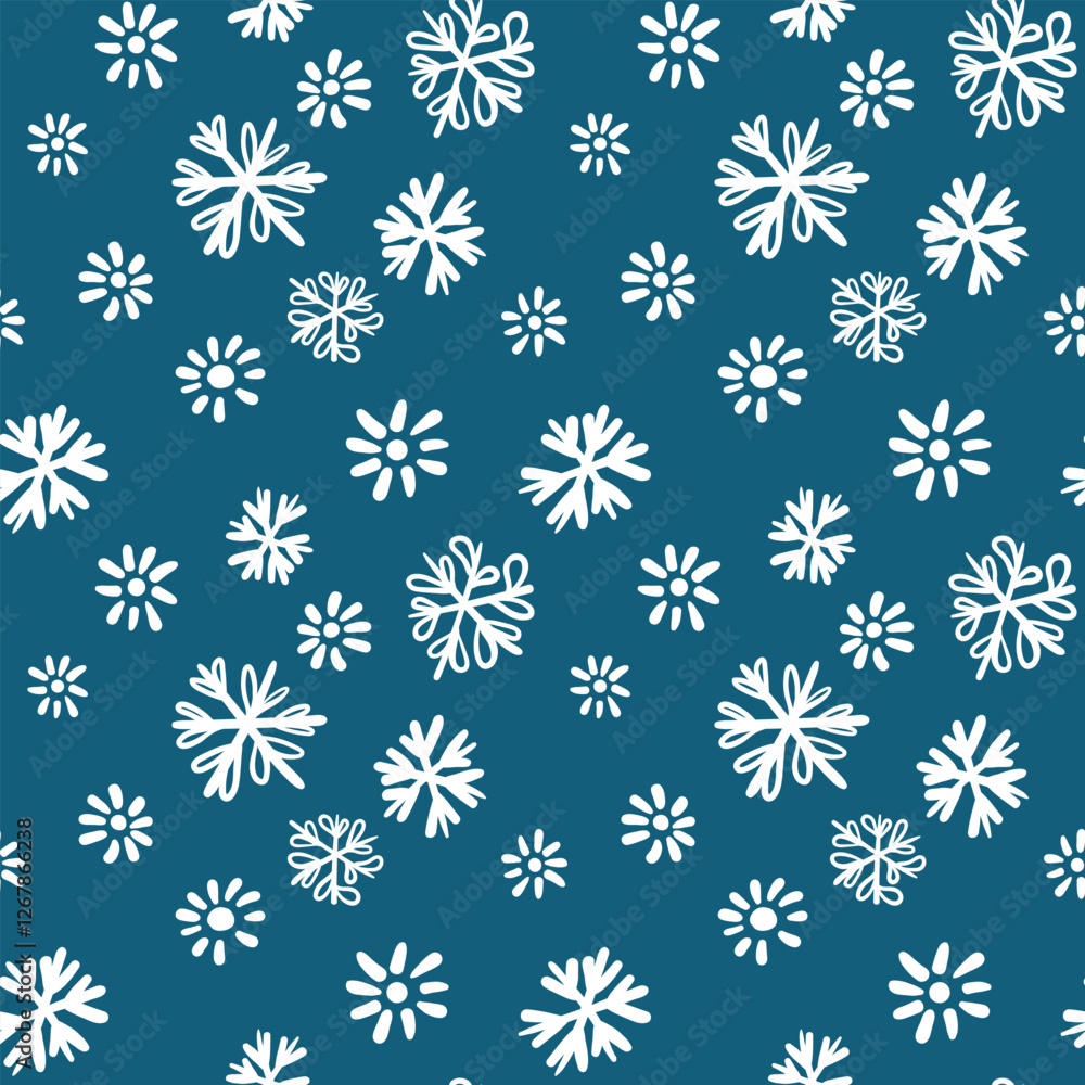 Winter seamless pattern with white snowflakes on color background. Vector illustration for fabric, textile wallpaper, posters, gift wrapping paper. Christmas vector illustration. Falling snow. Winter seamless pattern with white snowflakes on color background. Vector illustration for fabric, textile wallpaper, posters, gift wrapping paper. Christmas vector illustration. Falling snow.