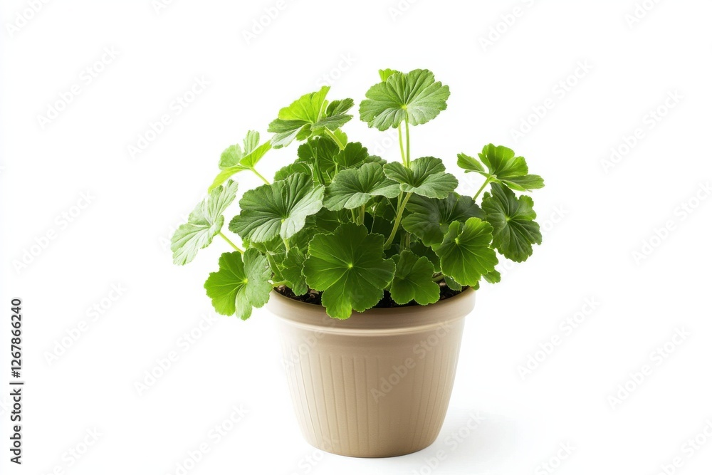 Radiant pelargonium flourishing in a stylish pot against a pristine white backdrop Radiant pelargonium flourishing in a stylish pot against a pristine white backdrop