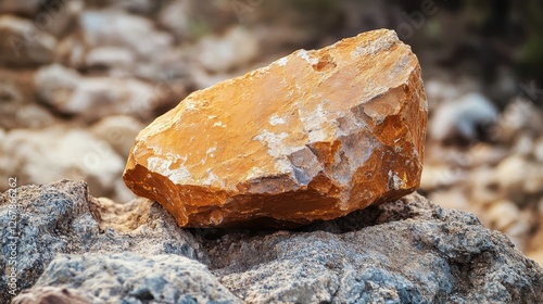 Close-up of a large, rough orange rock resting on a rocky surface, showcasing its unique texture and earthy colors in natural light.
