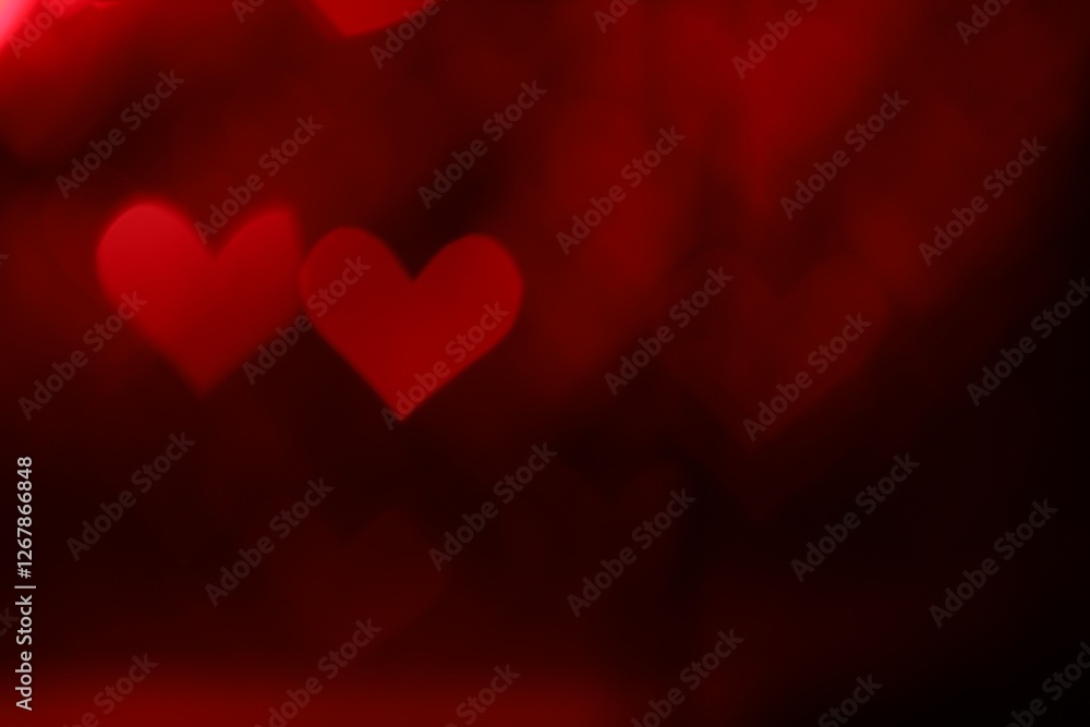Romantic decor. Blurred view of heart shaped lights on dark red background, bokeh effect Romantic decor. Blurred view of heart shaped lights on dark red background, bokeh effect
