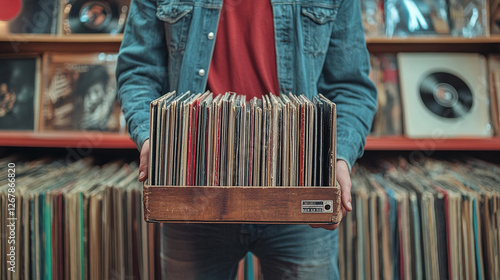 Vinyl Record Collection: Man carries wooden crate filled with records in a store, surrounded by music and vintage vibes. A collector's dream!