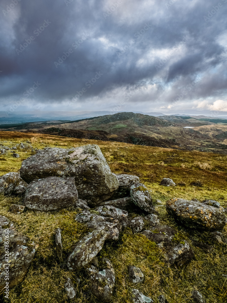 A landscape with scattered boulders on the hillside and rolling green hills in the distance. The sky is overcast, creating a dramatic atmosphere over the terrain. A landscape with scattered boulders on the hillside and rolling green hills in the distance. The sky is overcast, creating a dramatic atmosphere over the terrain.