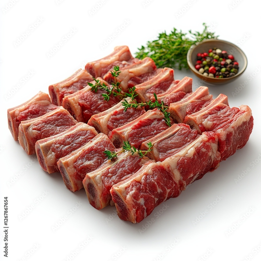 Fresh Cut Lamb Riblets with Thyme and Mixed Peppercorns Ready for Grilling or Roasting, A Culinary Delight Fresh Cut Lamb Riblets with Thyme and Mixed Peppercorns Ready for Grilling or Roasting, A Culinary Delight