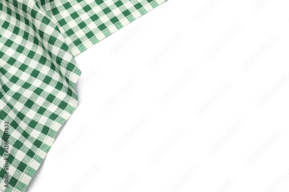 Green checkered tablecloth isolated on white, top view Green checkered tablecloth isolated on white, top view