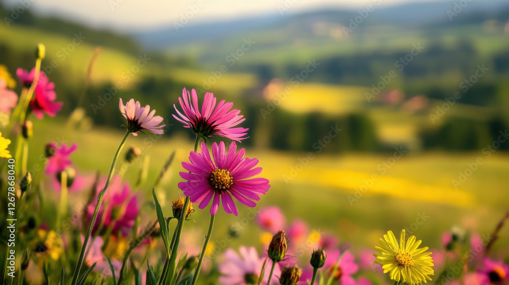 Obraz premium Vibrant wildflowers in a serene countryside landscape at sunset