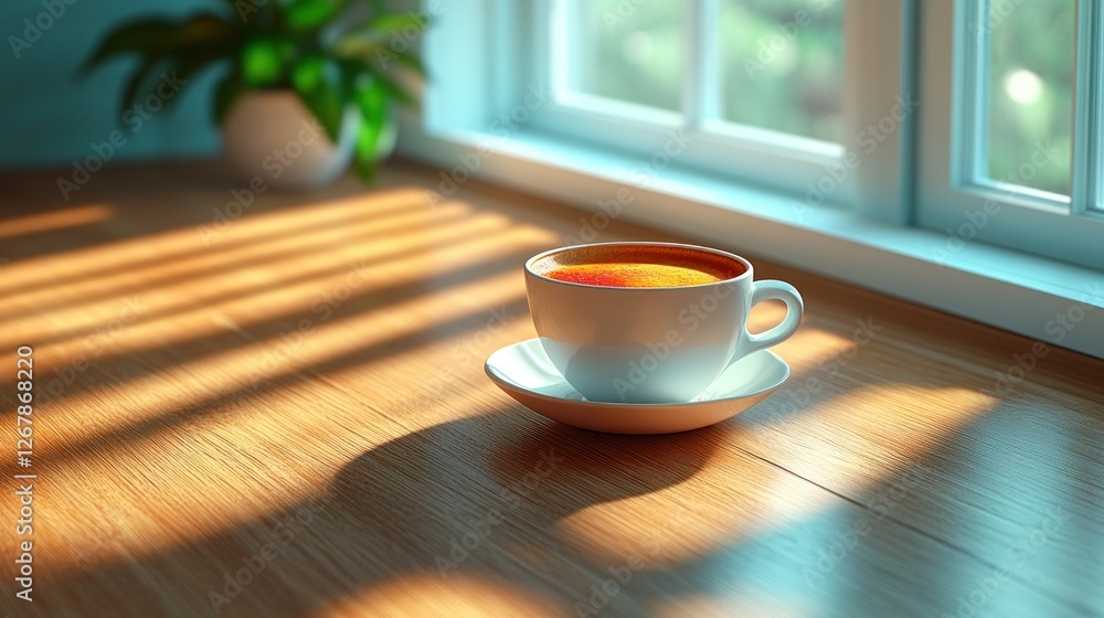 Obraz premium Sunny windowsill, coffee cup, morning light, plant
