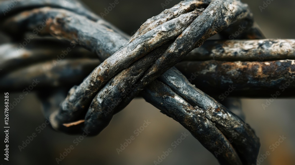 Close-up of intertwining rusty metal wires, showcasing their textured surface and aged appearance in a natural, muted color palette. Close-up of intertwining rusty metal wires, showcasing their textured surface and aged appearance in a natural, muted color palette.