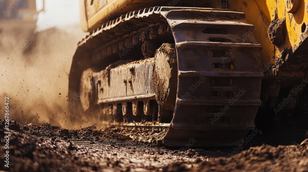 Close-up of a heavy-duty excavator's tracks plowing through muddy soil, showcasing powerful machinery in action. Close-up of a heavy-duty excavator's tracks plowing through muddy soil, showcasing powerful machinery in action.