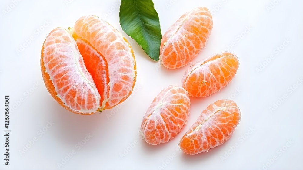 Fresh Mandarin Segments with Leaf on White Background Fresh Mandarin Segments with Leaf on White Background