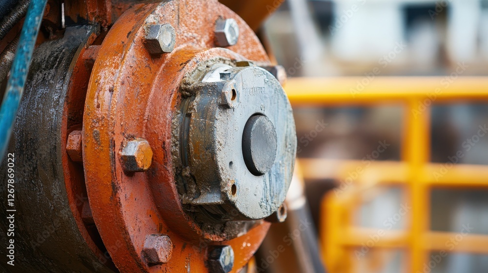 Close-up of an industrial machinery component showcasing intricate details, with a rusty orange and metallic finish, emphasizing the ruggedness of mechanical systems.
