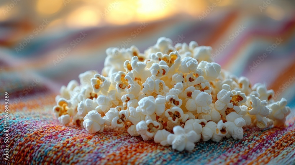 Popcorn pile, cozy blanket, movie night, warm lights Popcorn pile, cozy blanket, movie night, warm lights