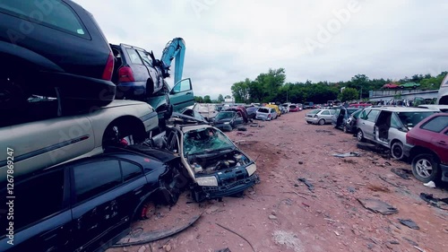 Car scrapyard with damaged vehicles.