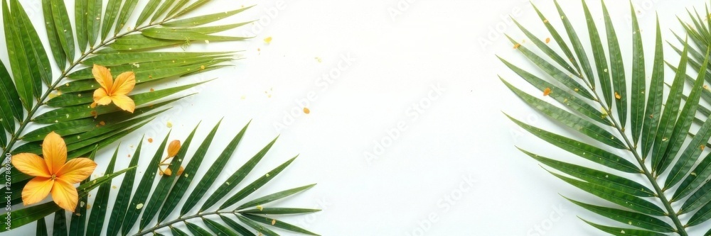 Fototapeta premium Palm fronds with golden flowers on white background , wedding invitation, botanical, save the date