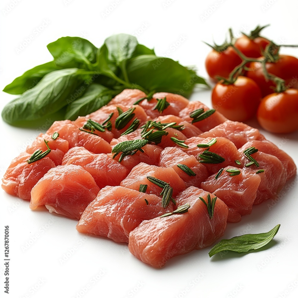 Raw Tuna Cubes with Fresh Herbs and Tomatoes, A Culinary Delight Ready for Searing or Tartare Preparation Raw Tuna Cubes with Fresh Herbs and Tomatoes, A Culinary Delight Ready for Searing or Tartare Preparation