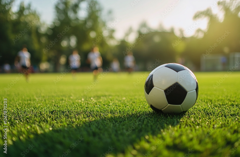 Soccer ball placed on freshly cut green grass, with out-of-focus players in the background, symbolizing the fast-paced nature and intensity of a football match.
Soccer ball placed on freshly cut green grass, with out-of-focus players in the background, symbolizing the fast-paced nature and intensity of a football match.