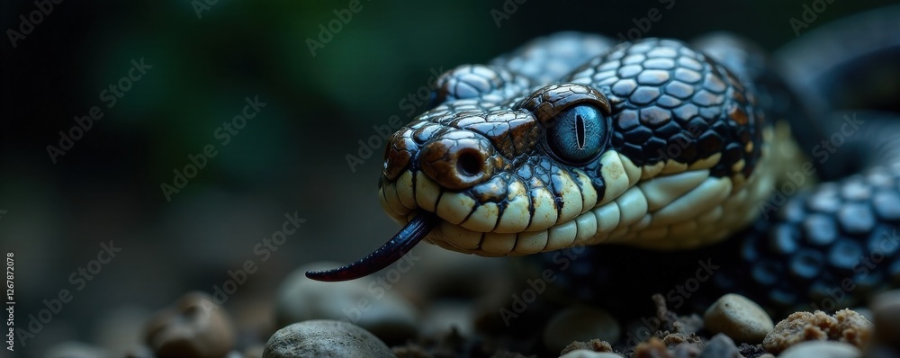 Obraz premium Snake's head close-up with piercing blue eyes and forked tongue exposed , , head, blue