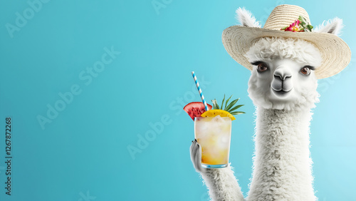 3D image of a stylish white alpaca standing on the right against a bright blue background. The alpaca is wearing an elegant wide-brimmed summer hat, which adds chic and playfulness to the image. 