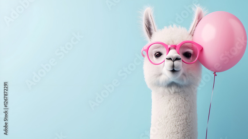 A 3D image of a stylish white alpaca with pink glasses and a pink ball against a blue wall. The scene uses pastel colors to create a magical and playful atmosphere. Perfect for a greeting card