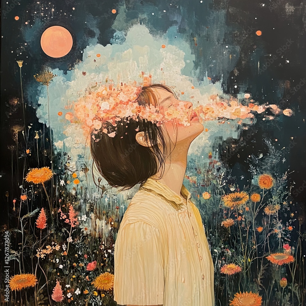 Surreal Dreamy Woman in a Flower Field at Night Surreal Dreamy Woman in a Flower Field at Night