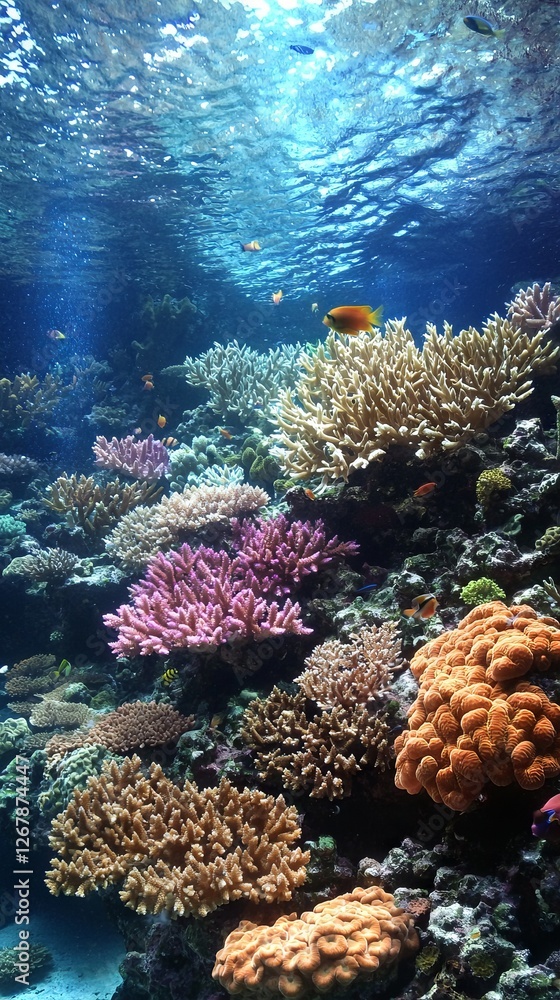 Fototapeta premium Underwater coral reef aquarium, sunlight beams through water, fish swimming