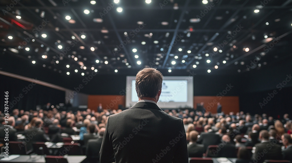 Speaker addresses a large audience at a conference, delivering a speech with confidence. The room is filled with attendees, focused on the presentation. Speaker addresses a large audience at a conference, delivering a speech with confidence. The room is filled with attendees, focused on the presentation.
