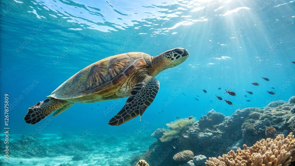 Fototapeta premium Close-up of a turtle swimming in a clear blue ocean, vibrant coral reefs below, small fish nearby, sunrays filtering through the water. Ultra-detailed, high-resolution 8K.