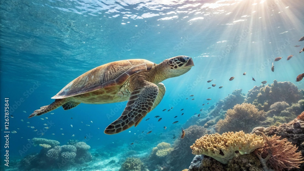Close-up of a turtle swimming in a clear blue ocean, vibrant coral reefs below, small fish nearby, sunrays filtering through the water. Ultra-detailed, high-resolution 8K. Close-up of a turtle swimming in a clear blue ocean, vibrant coral reefs below, small fish nearby, sunrays filtering through the water. Ultra-detailed, high-resolution 8K.