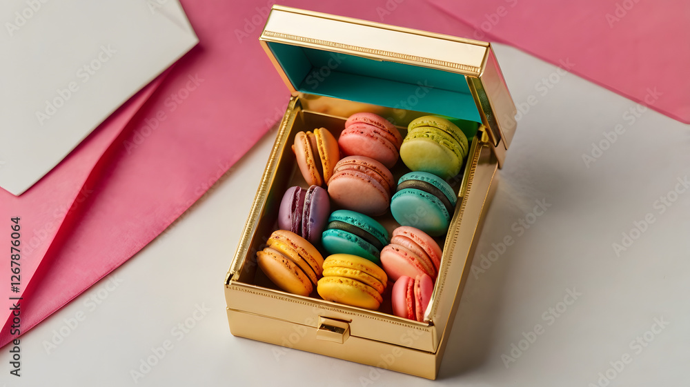Colorful macarons arranged neatly in a golden box on a white surface. Colorful macarons arranged neatly in a golden box on a white surface.